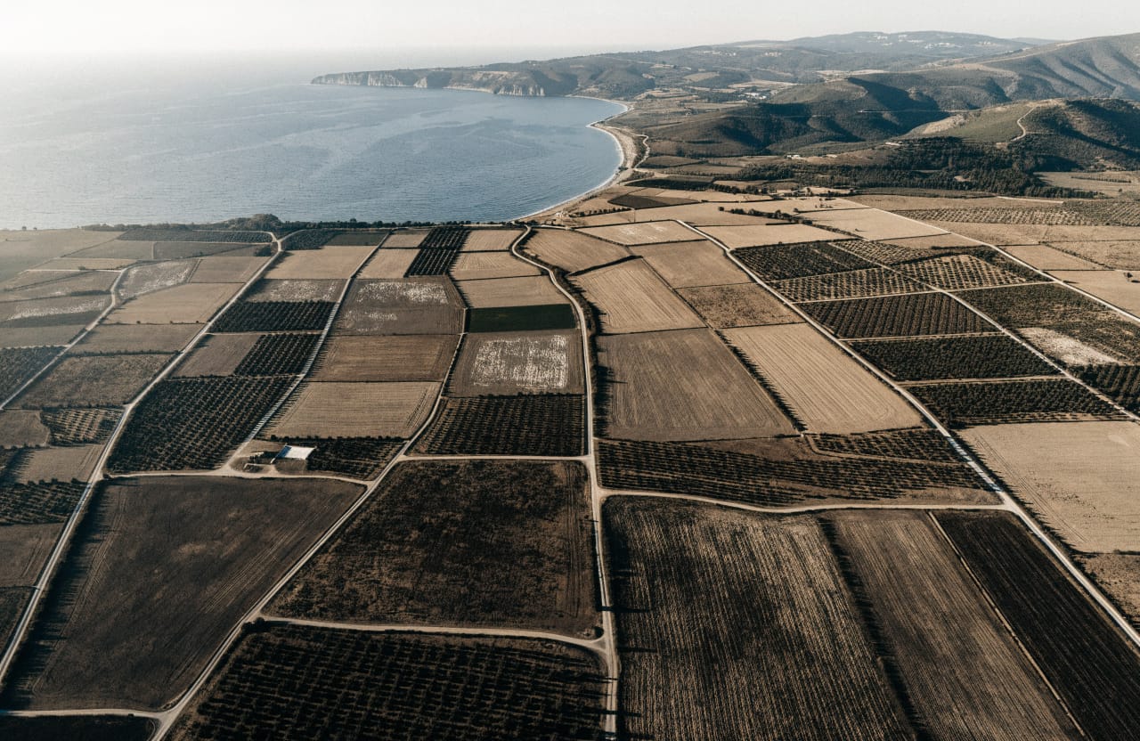 Aerial view of farmland divided into parcels on the Aegean coast