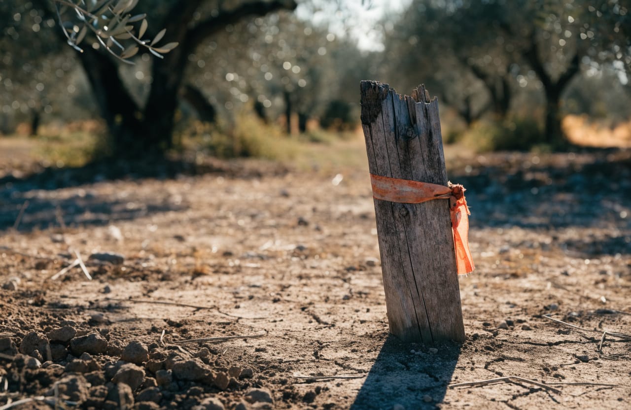 Wooden boundary stake driven into the ground at the edge of an olive grove, marked with tape